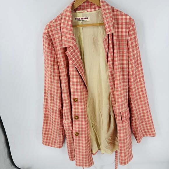 Free People Oversized Plaid Blazer Pink Beige Double Breasted Jacket Size XL - Picture 8 of 9